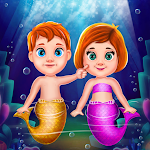 Twin mermaid babysitter care icon