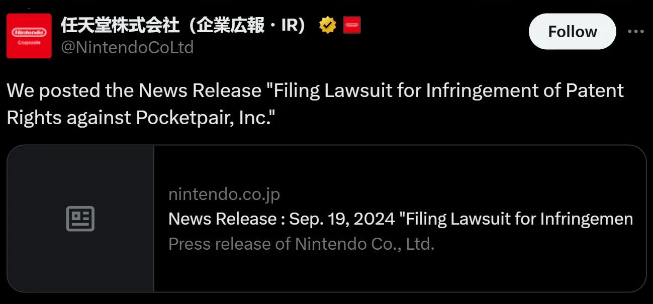 Nintendo Takes Legal Action Against Palworld Over Patent Infringement