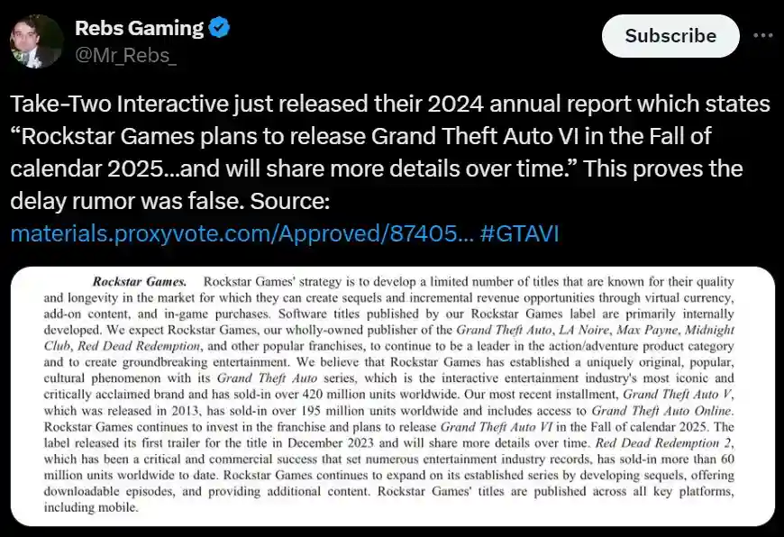 Take-Two Confirms Grand Theft Auto 6 is Still Set for 2025 Release