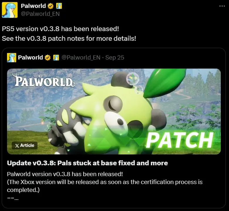 Palworld PS5 Version Receives v0.3.8 Update